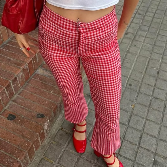 Zara Pants - *PENDING* ZARA Red Gingham High-Waist Flared Trousers – Size S